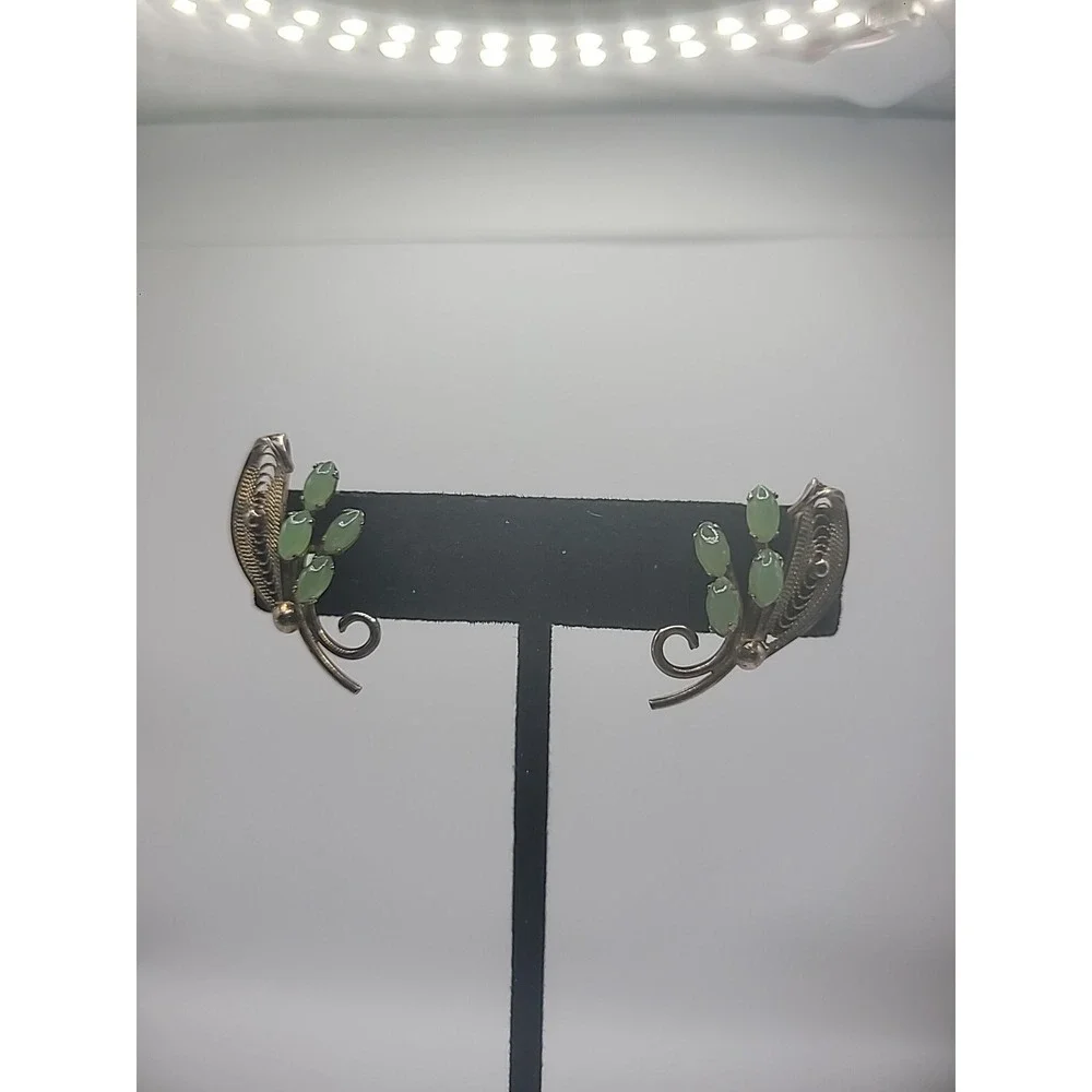 Vintage Sorrento Sterling Silver .925 Jade Earrings Clip On Screw Back Jewelry
